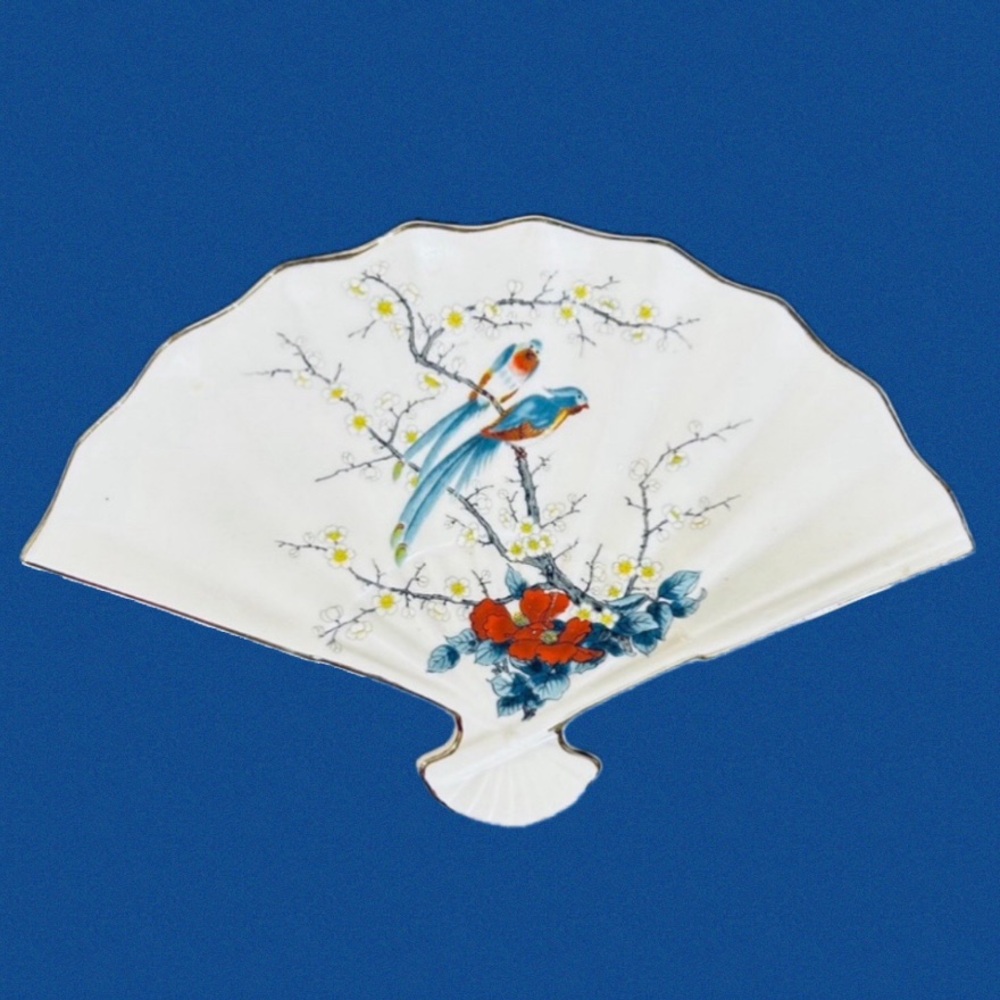 Vintage Fan Tray with Birds by Jay Fine China Japan Porcelain 9.5x6.5”
